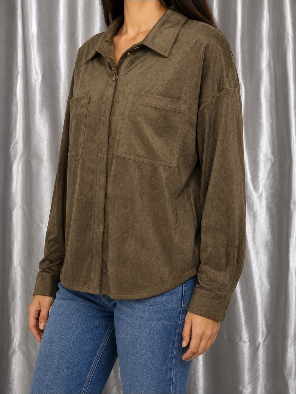 Altar’d State Womens S Olive Faux Suede Button Down Shacket Oversized NWT